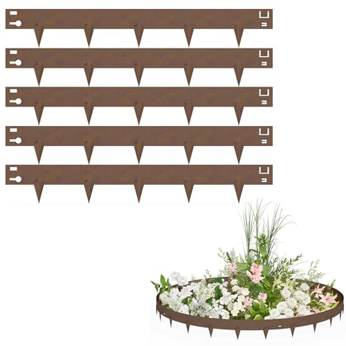 PEILU Rasenkanten 16cm Hoch Verzinkt Stahl Beeteinfassung Garten Beetumrandung mit Spikes 5 Stück 106cm Mähkante Wurzelsperre Palisaden Metall Rasenkantenband für Wege, Rasenflächen (Braun)