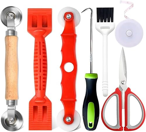 Werkzeug Doppelrad 7er Set, Werkzeug Einzieher Einroller Doppelrad Dichtungseinroller mit Holzgriff Spline Roller Einroller Fliegengitter Reparatur