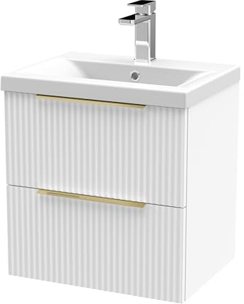 Balterley Vanity Unit with Basin Wall Hung, 2 Drawer Soft Close with Mid Edge Sink and Handles, Bathroom Vanity Units with Basin, Fluted Front Sink Cabinet - 510 x 390 x 540mm (White)