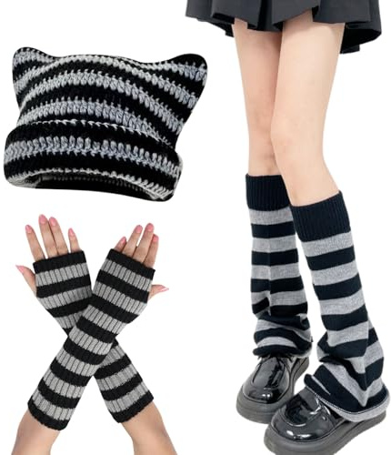 Julpsk Grunge Therian Clothes Y2k Crochet Cat Hat Fairycore Arm Warmers Emo Leg Warmers
