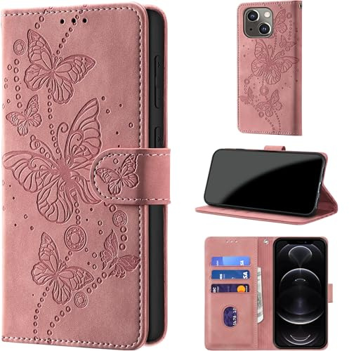 for iPhone 13 / iPhone 14 Wallet Case Flip, Pink | RFID Blocking, 3 Card Holder Stand, Shockproof TPU Shell, PU Leather Magnetic Closure