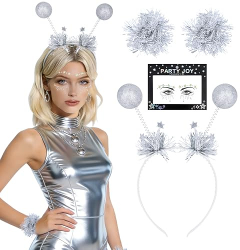 vnfsmy Alien Kostüm Set,Kostüm Zubehör Dame, Alien Haarreif, Glitzerkugeln Haarreif Mit Gesichtsaufkleber und Armbänder, Space Costume für Karneval Halloween Cosplay Maskerade