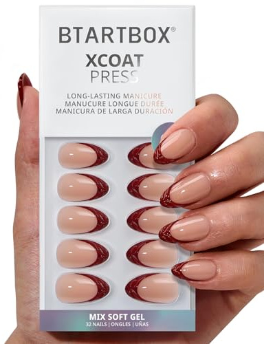 BTArtbox Press On Nails, Lucky Stripe, Short Almond, Red, French Tip, 32Ct | Lamp-Curable 4-Week Wear, Salon-Quality Natural Nails, 10-Minute Easy Daily Application, 16 Sizes, All-in-One Complete Kit
