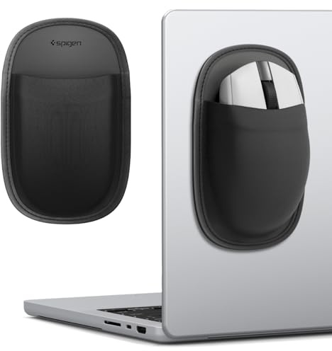Spigen Ultra-Slim Stick-On Mouse Holder for Laptop, Premium Durable Fabric Mouse Pouch, Strong Adhesive & Tear-Resistant Storage Pocket for Wireless Mouse Compatible with Macbook Neo Pro Air and More