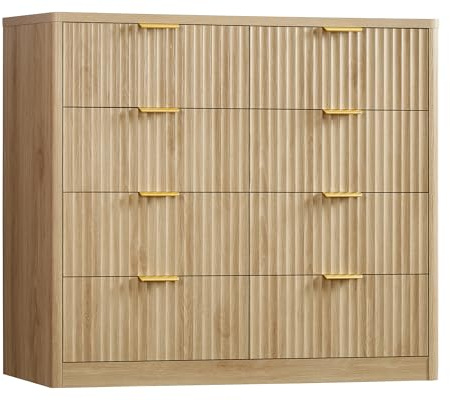 TEENFON Cómoda de 8 Cajones con Estrías Verticales y 120 cm de Ancho, Tiradores Metálicos, Utilizable como Mueble TV, Armario de Madera Maciza para Ropa, Salón y Recibidor, Madera Natural
