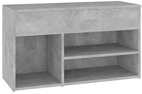 YUTAASU Schuhbank Betongrau 80x30x45 cm aus Holzwerkstoff, Schuhschrank mit 2 Einlegeböden rechts, Fach Links und Truhe für Bücher und Accessoires, Sitzbank mit glatter Oberseite