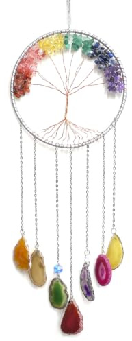 Shuqio 7 Chakra Windspiel Lebensbaum mit Metallrahmen | Naturstein Achat Scheiben Handgemachtes Kristall Windspiel für Garten Draußen Innen, Edelstein Wand-Deko Fenster-Ornament