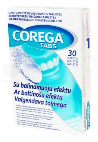 Corega - Compresse sbiancanti per la pulizia dentale, 30 pezzi, compresse bio-solubili, per la pulizia di protesi, (confezione da 1)