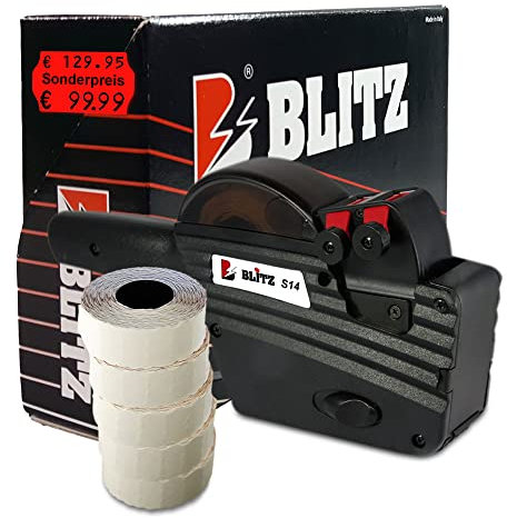 Preisauszeichner Set Blitz S14 inkl. 5 Rollen 26x16 Preisetiketten - leucht-rot permanent | Aufdruck: Sonderpreis mittig | HUTNER