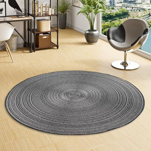 In- und Outdoor Teppich Newport Stripes Anthrazit Rund - Beidseitig Verwendbarer und Wetterfester Teppich in Verschiedenen Größen für Terrasse, Balkon und Garten