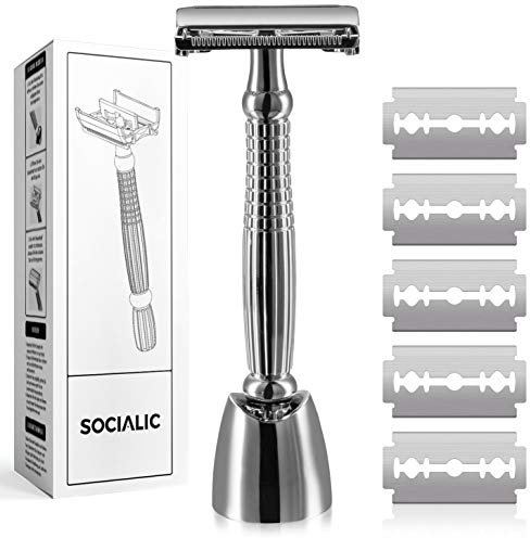 Socialic® Rasierhobel Set inkl. 5 Klingen und Halter – Safety razor aus hochwertigem Metall für Damen und Herren | Nassrasierer für eine sanfte Rasur | Einklingen Rasierer, ideal zur Haarentfernung