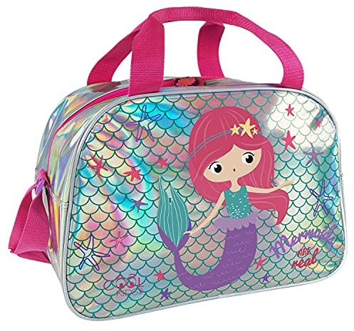 Borsa Sport Sirena Bimbe Argento Rosa con Tracolla - Borsone Palestra per Bambina Catarifrangente con Stelle - Sacca Sportiva per Bambine Viaggi Tempo Libero - 28x41,5x21 cm - Perletti (Sirenetta)