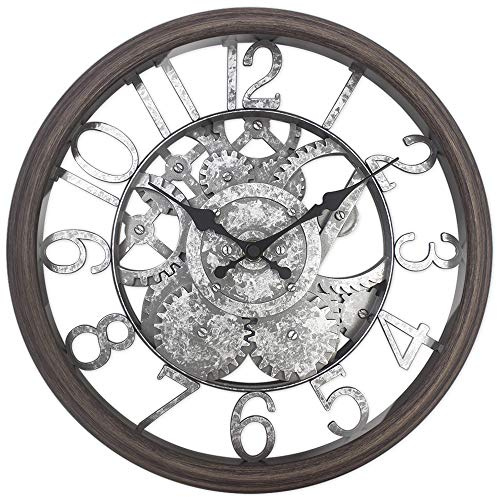 PresenTime & Co Farmhouse Gear Wanduhr, Industriestil, geräuschlos, kein Ticken, wetterfest, graue Eiche und verzinkte Oberfläche