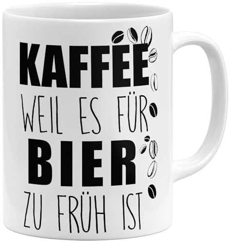 OM3® Kaffee weil es für Bier zu früh is Kaffee-Tasse mit Spruch - Statement Biertrinker - Keramik Becher - 325ml - Beidseitig Bedruckt - Weiss