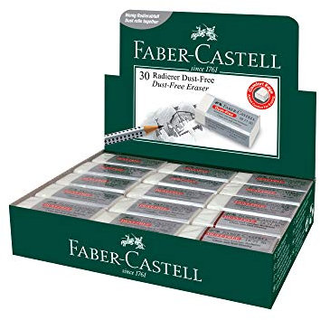 Faber-Castell Staubfreier weißer Radiergummi (Box mit 30 Stück) – weiches Radieren, Komfortrand, latexfrei, ideal für schwarze Blei-Radierer für Schule, Büro und Zuhause