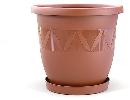 Plastard Blumentopf Durchmesser 24 cm mit Untersetzer Farbe Terrakotta runder Pflanzkübel Blumenkübel Gartentopf aus Kunststoff witterungsbeständiger für Innen und Außen