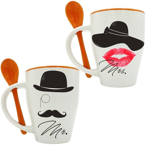 NAREG - Set Tazze in Ceramica con Cucchiaino in Scatola Regalo, Tazza Mr. Mrs., Idee Regalo per Uomo e Donna, Idea Regalo San Valentino, Adatta a Microonde e Lavastoviglie, Regalo Coppie, Mug Coffè