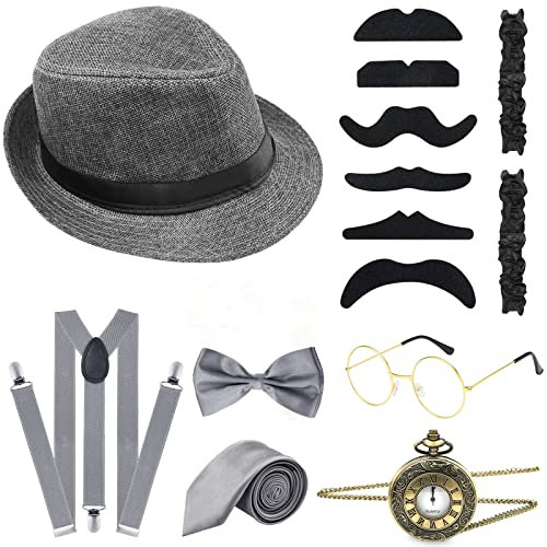 ELECLAND 10-teiliges 1920er Jahre Herren Kostümzubehör Set Roaring Retro Gangster Kostüm, Hut, Fliege, Taschenuhr, Hosenträger, Brille, Bart, Armband, Strumpfbänder, Taschenuhr (Gray)
