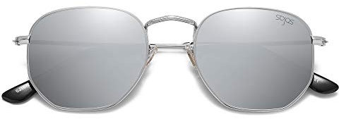 SOJOS Lunettes de Soleil Moderne Géométrique Métal Temples Minces Polarisé Lentille Plate Hexagonal pour Femmes et Hommes SJ1072 Avec Argenté Cadre/Argenté Lentille