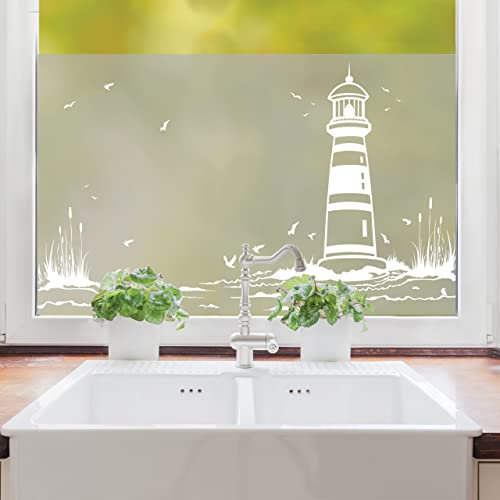 Wandtattoo Loft Sichtschutzfolie Fenster mit Leuchturm, Küste und Schilf Motiv, Maritime Fensterfolie Blickdicht, Milchglasfolie selbstklebend, Fensterdeko, Fenster Dekoration, Fenster Klebefolie
