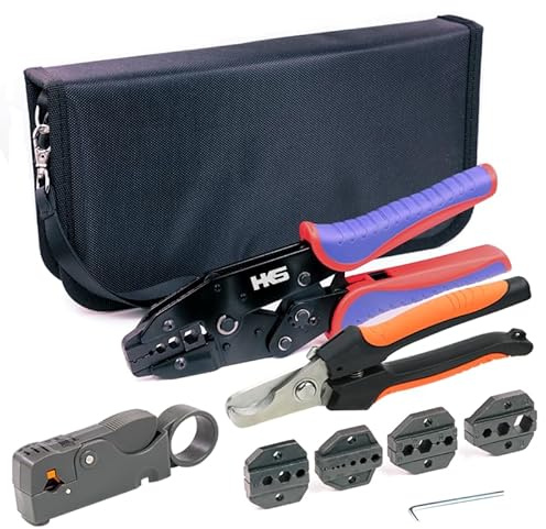 HKS Koax Ratsche Crimpwerkzeug Kit für Koax RG-Kabel RF-Stecker mit 5 wechselbaren Schneideisen, rotierender Koaxialkabel Abisolierzange / Cutter und Abisolierzange / Cutter Piler