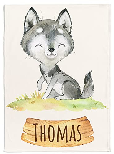 Personalisierte Babydecke Kinderdecke mit Kleiner Wolf Motiv und Name | Individuelle Baby Decke Namensdecke (Wolf), 80 x 110 cm