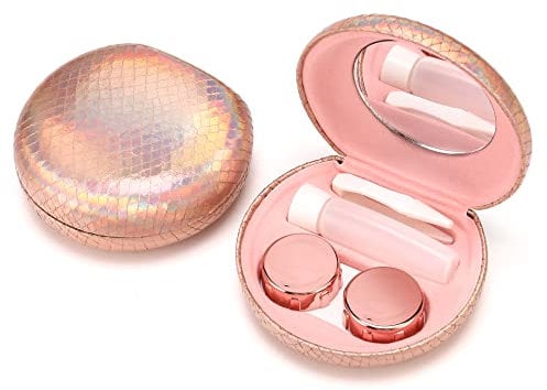 Muf Twinkle Portable Contact Lens Case,Contact Lens Travel Kit with Mirror,Container,Tweezer,Contact Lens Solution Bottle,Shining Contact Case Travel Outdoors Daily Use,Rose Gold Sparkles