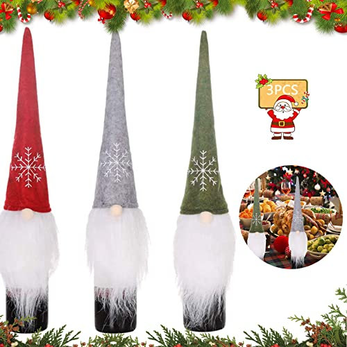 Mecctuck 3 Housses de Bouteille de vin de Noël, Sac de Bouteille de vin, Chapeau de Père Noël, Sac de Bouteille, Sacs de Protection pour la Maison, Le dîner, Le vin, Noël, décoration de Table