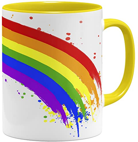 OM3® pur Joy Rainbow Kaffee-Tasse mit Regenbogen | Keramik Becher | 11oz 325ml | Rundumdruck | Gelb