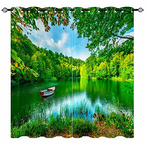 YUANZU Scenery Curtains - Forest Green Nature Pond Lake View Fishing Boat Print Pattern Eyelet Thermal & Room Darkening Blackout Window Drapes for Bedroom Living Room 2 Panels W168cm x D183cm