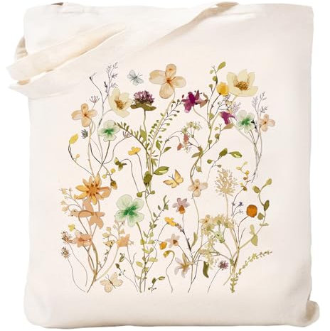 Kimoli Canvas-Tragetasche mit Innentasche, ästhetische, wiederverwendbare Einkaufstasche, Schultertasche, Buch-Tragetasche, Geschenke, Blumen, 15X16