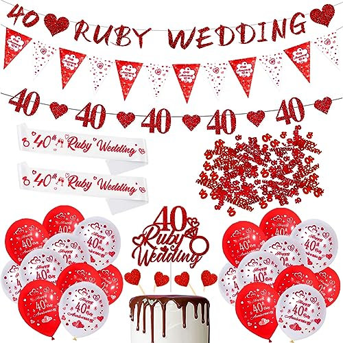 40th Wedding Anniversary Decorations,Ruby Wedding Anniversary Decorations,40th Wedding Anniversary Banner,Bunting Flags,Balloons,Cake Toppers for 40th Wedding Anniversary Party Supplies