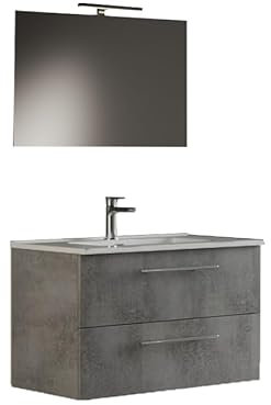 MaMa Store IRIS 80 - Mobile Bagno Sospeso IN KIT DA MONTARE 80 CM CEMENTO CHIARO con Lavabo, Specchio e Lampada LED, L.81 X P.47 X H.53 cm