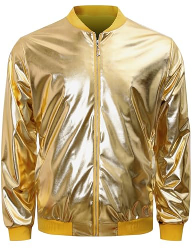COSAVOROCK Herren Metallic Jacke 70er Jahre Disco Fancy Dress Glänzende Pailletten Kostüm Gold XL