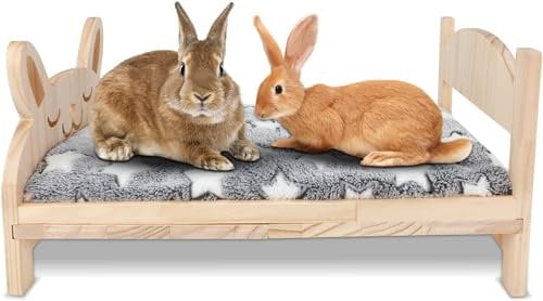 HYLYUN Großes hölzernes Kaninchenbett, 2 in 1 Zusammenklappbares Hölzernes Haustierbett mit Abnehmbarem Kissen für Kaninchen, Meerschweinchen, Kätzchen, Welpen schlafende kleine Tierbetten
