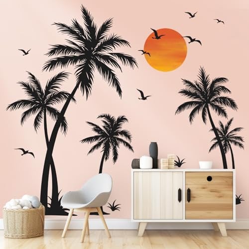 wondever Adesivi Murali Palma Nere Albero Grande Sticker da Muro Albero Tropicale Pianta Uccelli Adesivi da Parete per Soggiorno Camera da Letto TV Parete (H: 135cm)