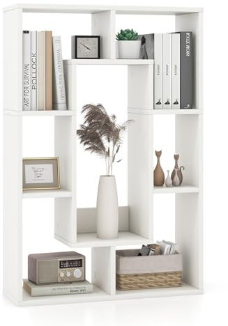 COSTWAY Libreria in Legno, Scaffale Aperto Geometrica a 7 Cubi, Scaffale da Esposizione con Dispositivo Anti-Ribaltamento, per Ufficio Soggiorno Camera da Letto, 60x20x90 cm (Bianco)