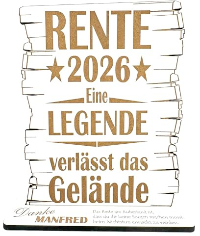 Dekolando Geschenk Ruhestand Abschiedsgeschenk Kollege personalisiert Rente 2026 – Aufsteller Schild mit Name Spruch Legende - 17 x 19 x 0,5 cm