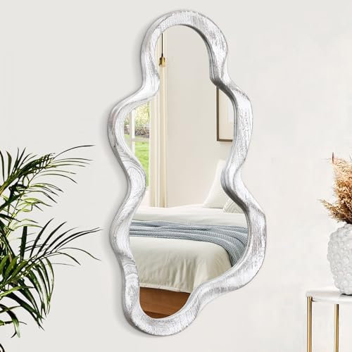 Lzuso Asymmetrischer Spiegel Unregelmäßiger Wandspiegel Moderner Holzrahmen Einzigartiger künstlerischer Spiegel stilvoller Wolkenspiegel Dekorativ für Schlafzimmer Wohnzimmer Badezimmer Großes