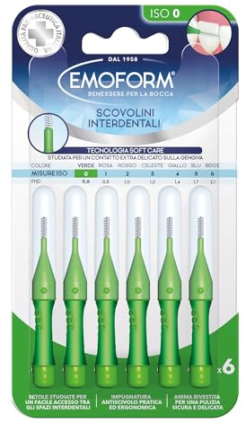 Interdentalbürste Emoform grün, 6 Stück mit SoftCare-Technologie für einen extra schonenden Kontakt zum Zahnfleisch dank weicher Borsten, rutschfester Griff mit Kappe für die Mundhygiene