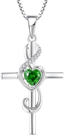 starchenie Damen Kreuz Halskette 925 Sterling Silber Herz Geburtsstein Zirkonia Anhänger Notiz Notenschlüssel Kette Schmuck Geschenke