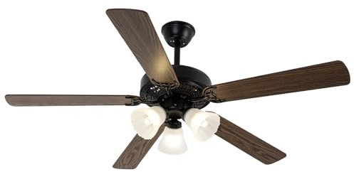Ventilateur de plafond rétro à 5 pales - Ventilateur de plafond style or noir - Ventilateur de plafond avec ampoule - 132 cm - Noir + Noyer