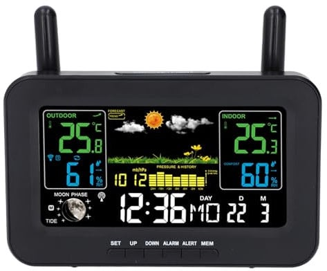 Drahtlose Wetterstation für den Innen- und Außenbereich, Thermometer, Farbdisplay, Digitaler Temperatur- und Feuchtigkeitssensor, Wettervorhersagestation (EU-Stecker 100V-240V)