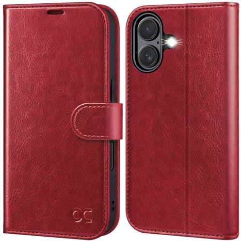 OCASE for iPhone 16 Case, PU Leather Wallet, Magnetic Flip Folio Cover with RFID Blocking, Card Holders, Shockproof TPU, and Kickstand for 6.1 Inch iPhone 16 (2024), Red