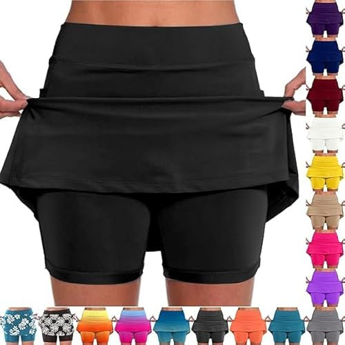 Prime D Ay Deals 2024,2 in 1 Running Shorts Women Plus Size High Rise Waisted Tennis Skorts Stretchy Athletic Pleated Skirts Inner Legging Shorts Golf Yoga Running Skirts,5XL,Black #1