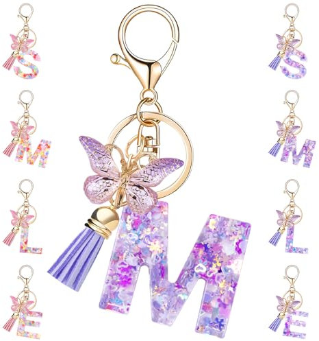 Porte Clef Avec Lettre Initiale Papillon M, Violette Porte Clé Femme Alphabet Porte Clef Voiture Lettre M Personnalisé Pour Femmes Filles Portefeuilles Sac à Main Charme Sac à Main Sac à Dos Charmes