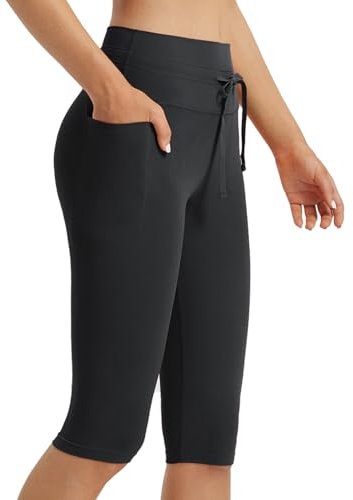 baleaf Damen Knielange Capri Leggings mit Taschen High Waisted Sport Leggings Drawstring Yogahose Kurze Workout Sporthose Gym Casual Sommer Schwarz XL