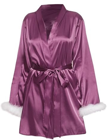 Damen Satin Spitze Kimono Robe Luxuriöse Schwarze Lange Robe mit Gürtel Sexy Satin Nachtwäsche Sheer Spitze Morgenmantel Elegant Leicht Satin Lounge Robe für Abendgarderobe, violett, XXL