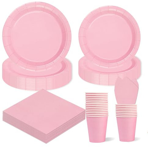 Lot de 96 Anniversaire Vaisselle de fete Rose Party Assiettes en carton Papier Set Assiettes de Fête Jetables Papier, pour Barbecue les Fêtes les Pique-niques -24 Invités