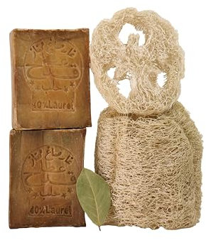 Kanaan Original Aleppo Seife -2 * 200g With Luffa 40% Lorbeeröl & 60% Olivenöl - Handgemachte Naturseife für Empfindliche Haut, Peeling, Feuchtigkeitsspendend & Antibakteriell, Ohne Chemische Zusätze